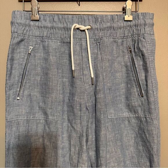 Athleta | Linen Cabo Blue Chambray Zip Pocket High Waist Joggers Pants 6 - Picture 4 of 8
